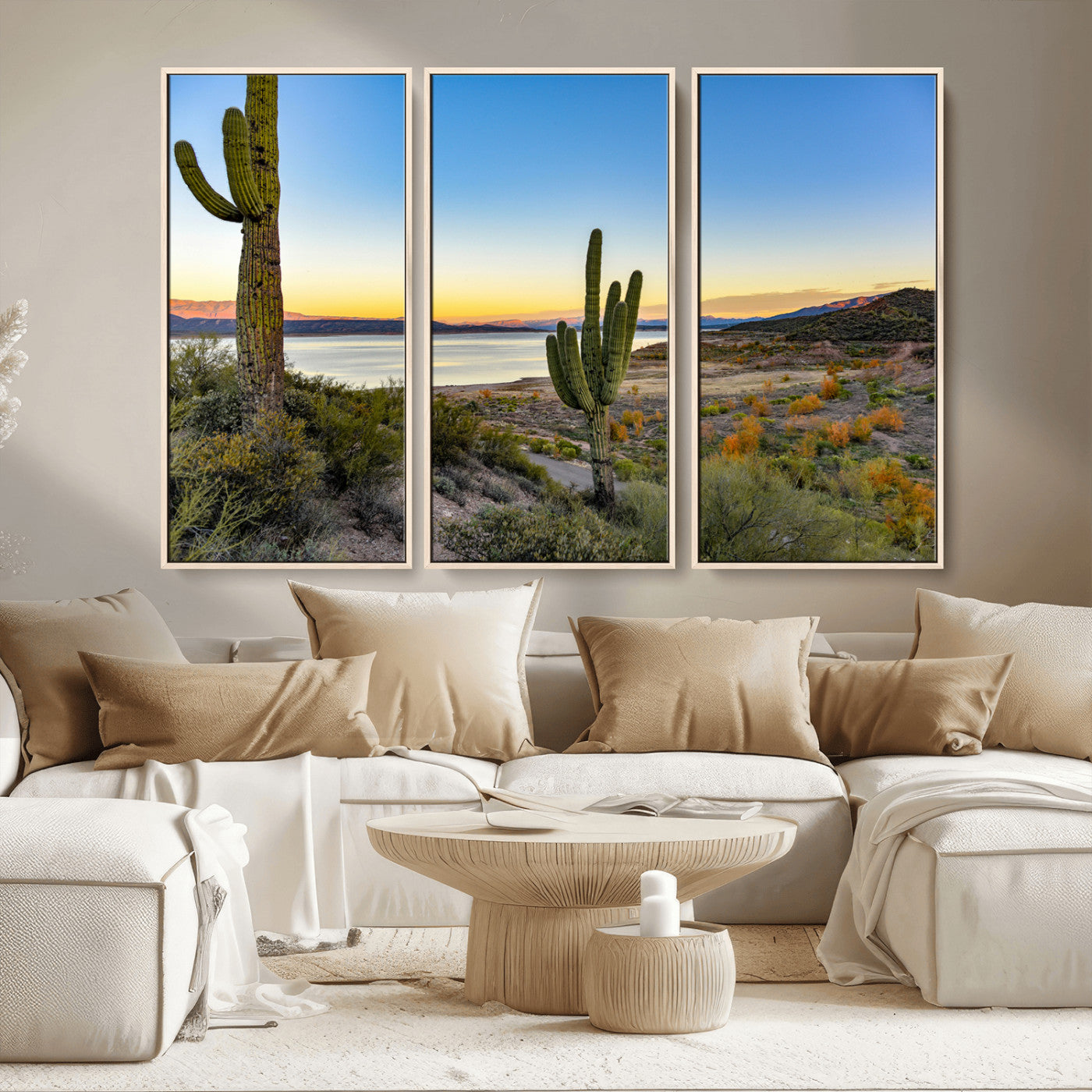MGV-FC-48X32-3P - Saguaro Cactus Wall Art Canvas Print, Framed Desert Sunset Art Picture Print, Southwestern Perfect Southwestern Decor Artwork