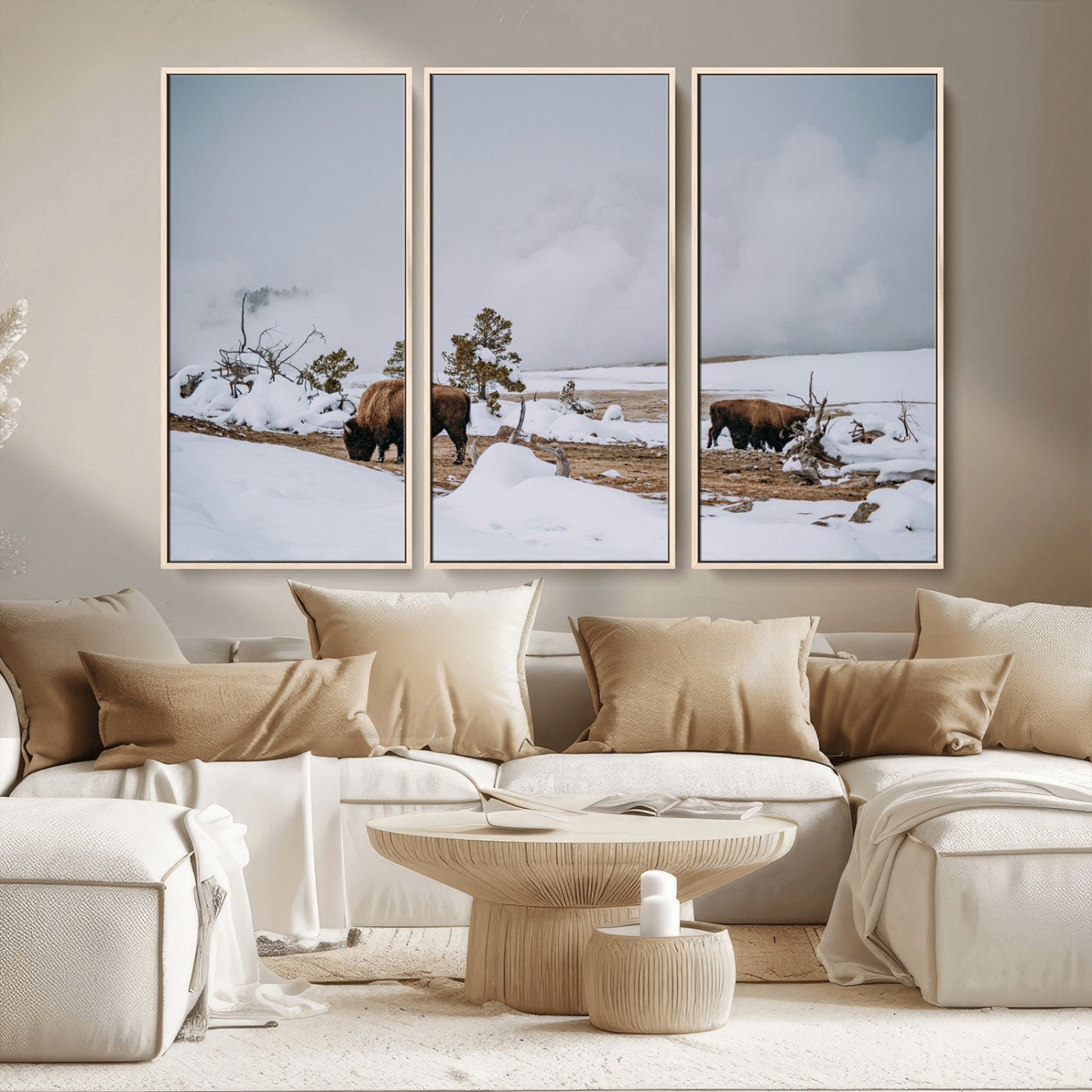 MGV-FC-48X32-3P - Bison Wildlife Wall Art Canvas Print, Framed Snowy Prairie Art Picture Print, Western Perfect Rustic Decor Artwork