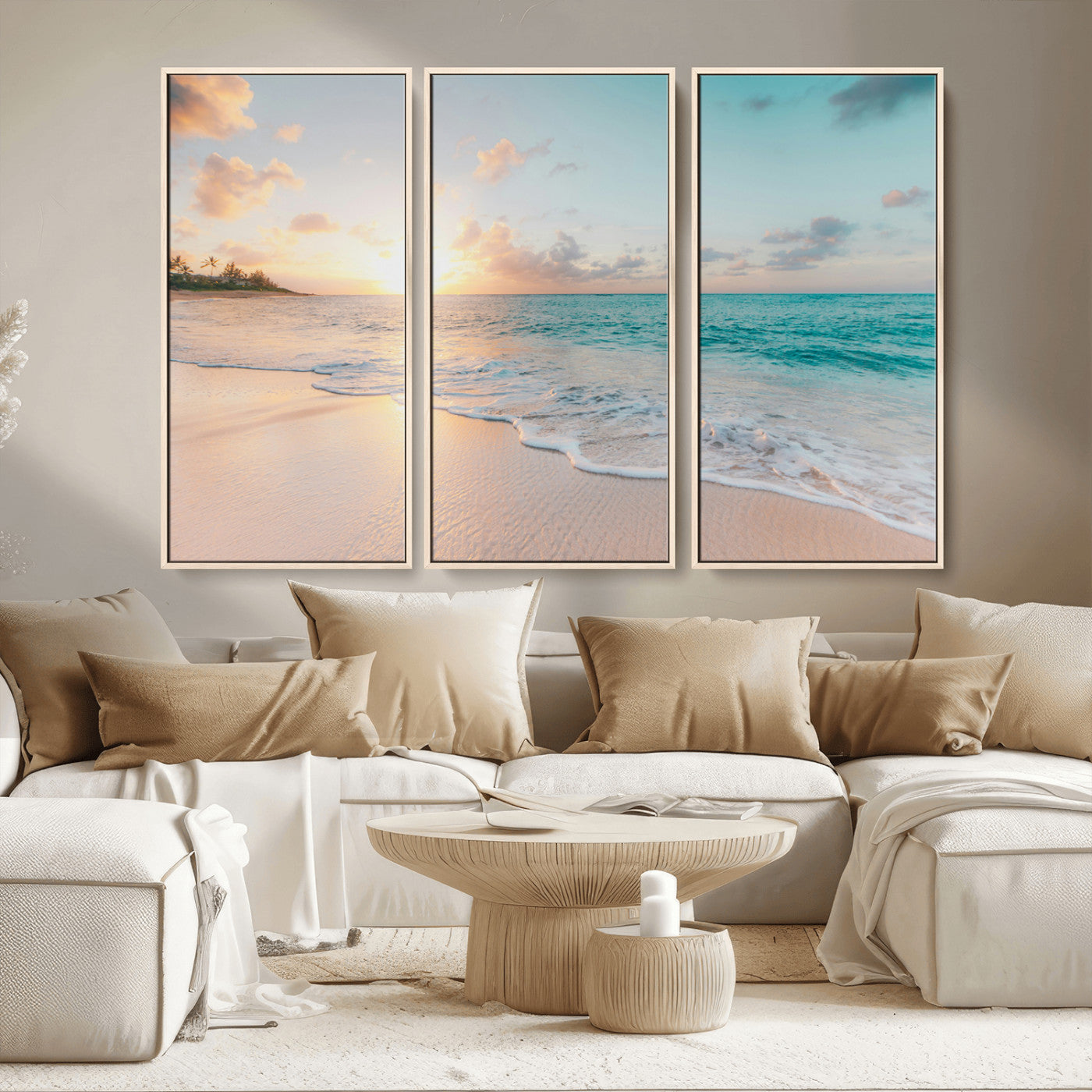 MGV-FC-48X32-3P - Beach Sunset Wall Art Canvas Print, Framed Ocean Waves Art Picture Print, Summer Escape Perfect Coastal Decor Artwork
