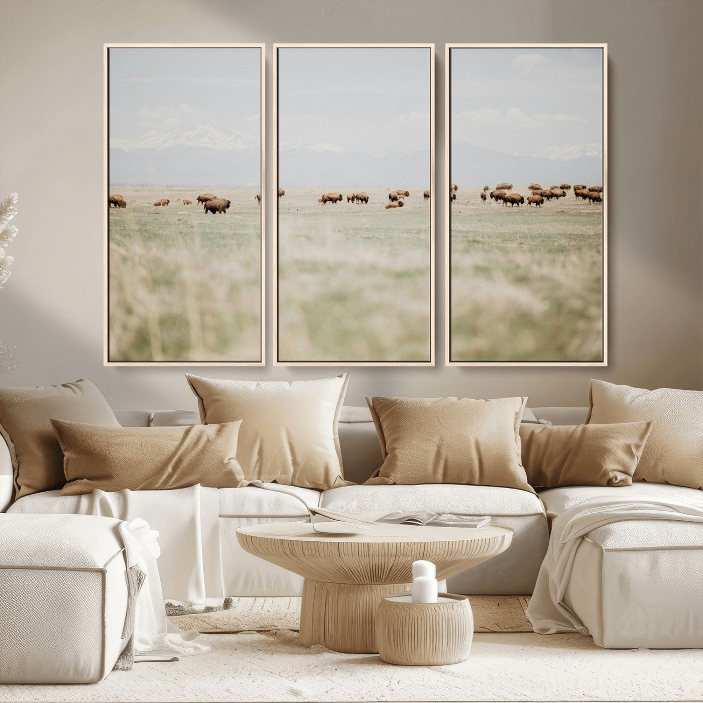 MGV-FC-48X32-3P - Bison Herd Wall Art Canvas Print, Framed Western Art Picture Print, Bison Perfect Ranch Decor Artwork