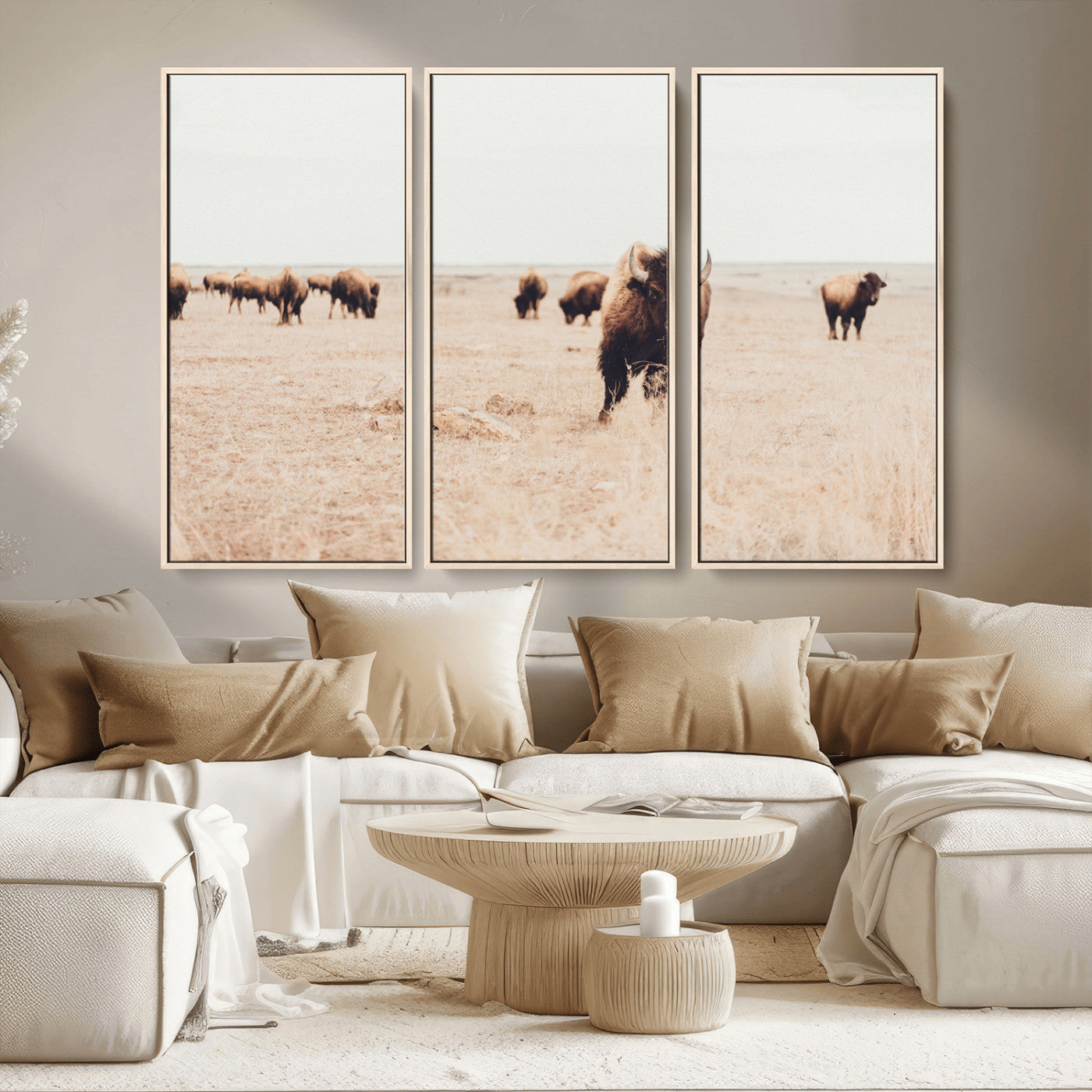 MGV-FC-48X32-3P - Bison Herd Wall Art Canvas Print, Framed Western Art Picture Print, Prairie Serenity Perfect Ranch Decor Artwork