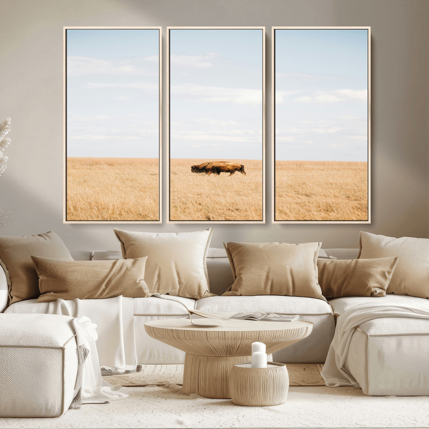 MGV-FC-48X32-3P - Minimalist Nature Wall Art Canvas Print, Framed Bison In Grassland Art Picture Print, Open Field Perfect Modern Ranch Decor Decor Artwork