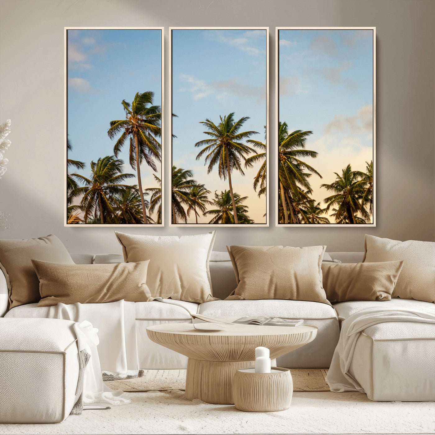 MGV-FC-48X32-3P - Palm Trees Wall Art Canvas Print, Framed Tropical Vibes Art Picture Print, Coastal Sunset Perfect Coastal Boho Decor Artwork