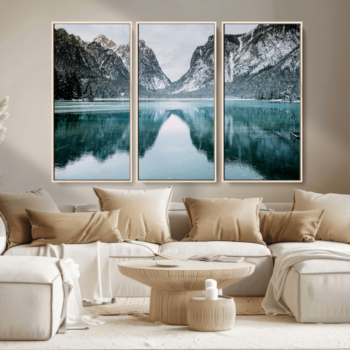 MGV-FC-48X32-3P - Mountain Lake Wall Art Canvas Print, Framed Wonderland Art Picture Print, Snowy Peaks Perfect Nature Decor Artwork