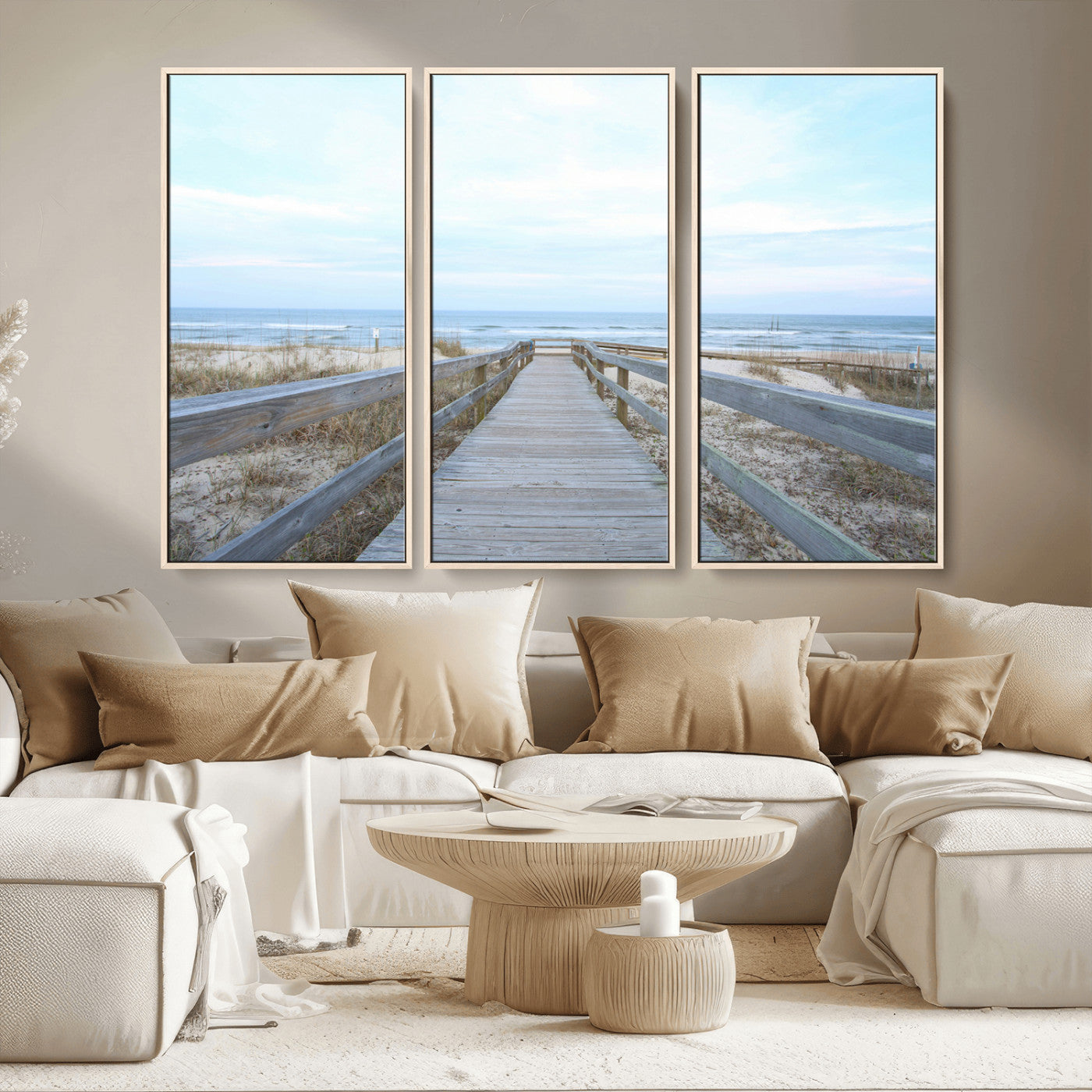 MGV-FC-48X32-3P - Beach Boardwalk Wall Art Canvas Print, Framed Coastal Serenity Art Picture Print, Ocean View Perfect Coastal Decor Artwork