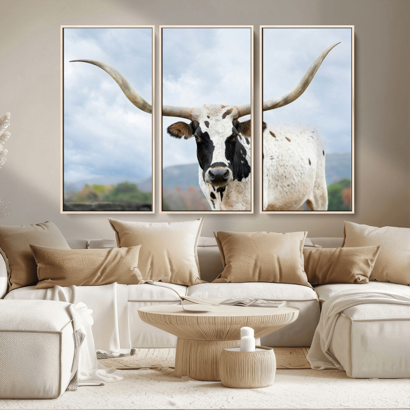 MGV-FC-48X32-3P - Texas Longhorn Wall Art Canvas Print, Framed Western Rustic Art Picture Print, Farmhouse Decor Perfect Farmhouse Decor Artwork