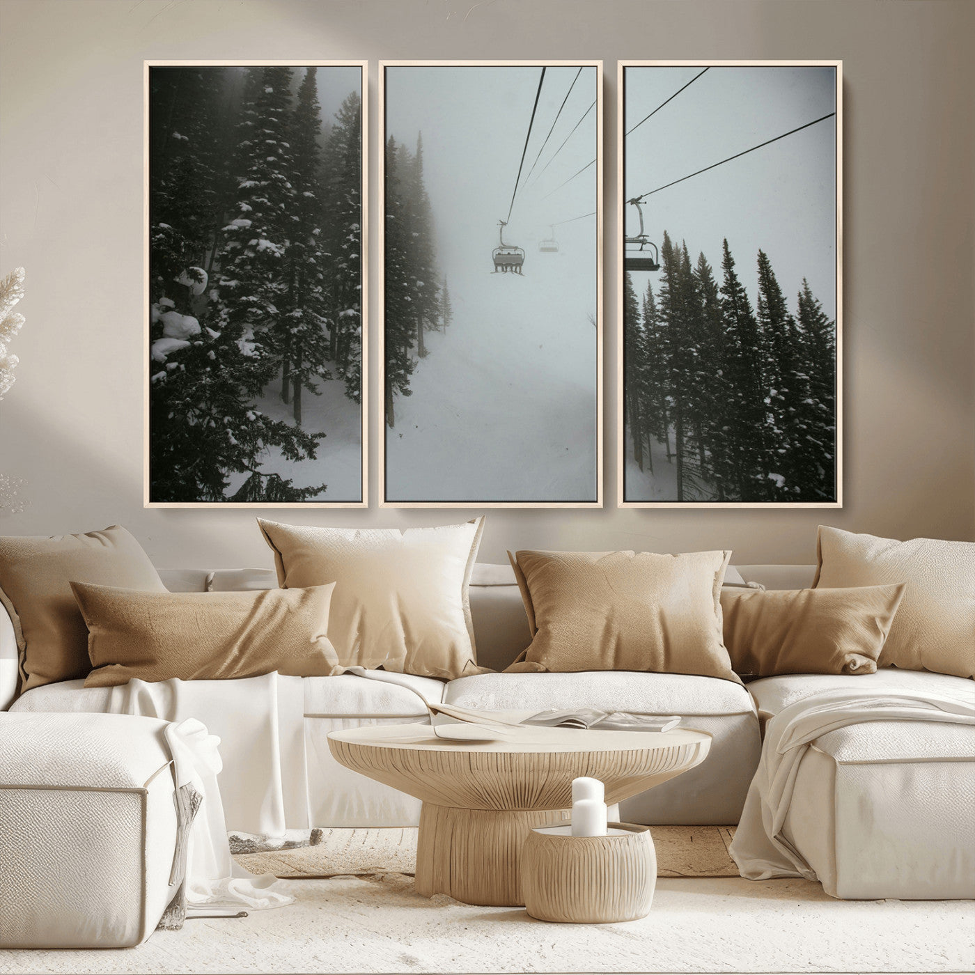 MGV-FC-48X32-3P - Ski Lift Wall Art Canvas Print, Framed Snowy Pines Art Picture Print, Misty Landscape Perfect Winter Serenity Decor Artwork