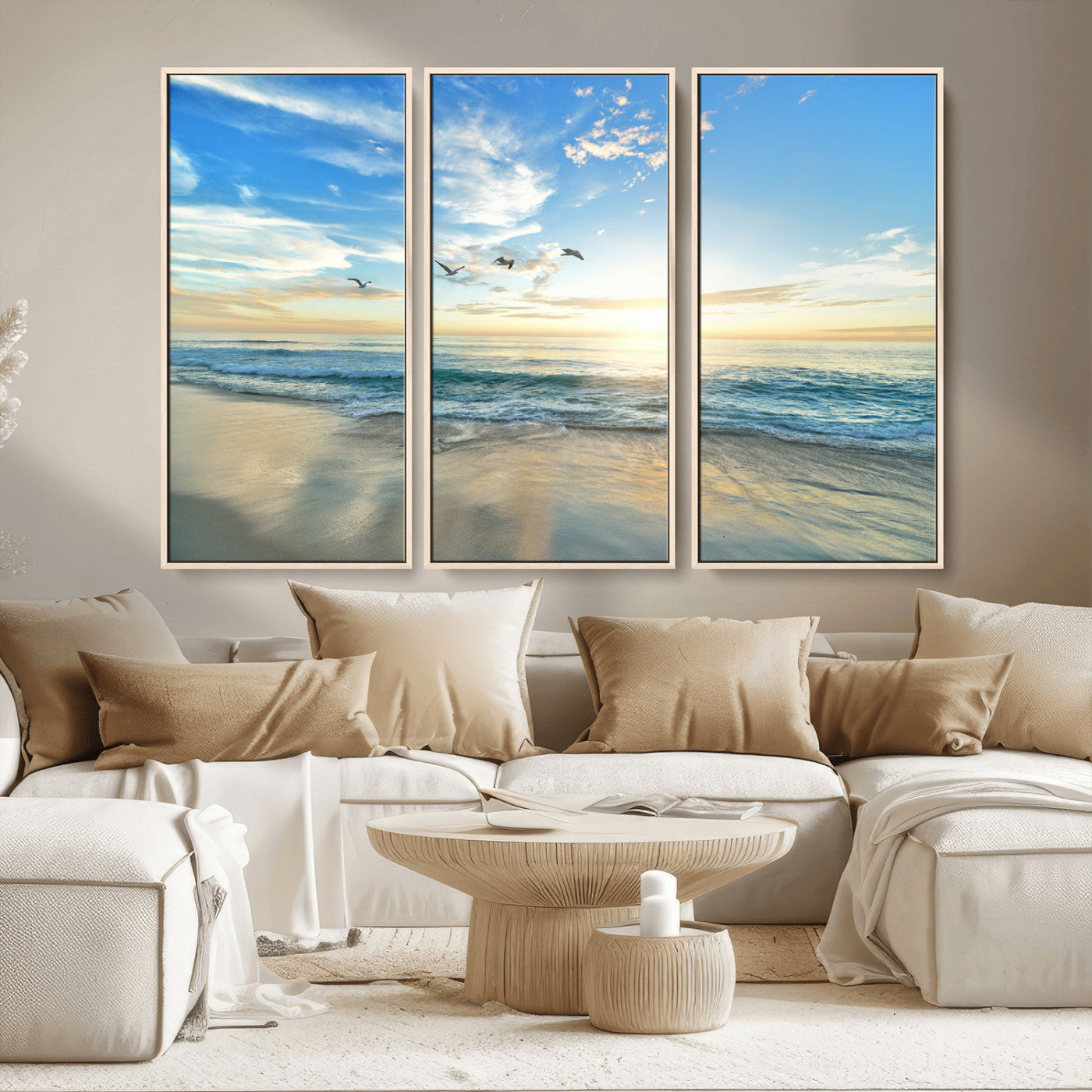 MGV-FC-48X32-3P - Minimalist Seaside Wall Art Canvas Print, Framed Morning Glow Art Picture Print, Golden Reflections Perfect Coastal Minimalist Decor Artwork