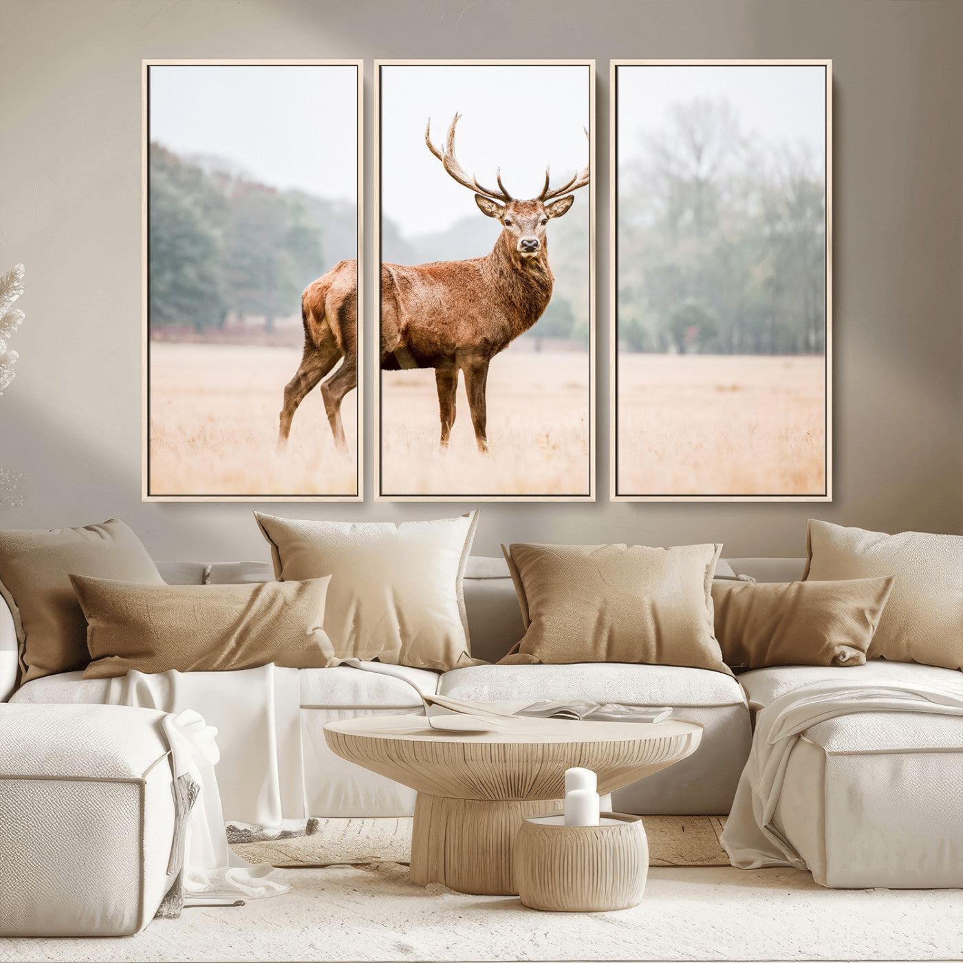 MGV-FC-48X32-3P - Vintage Wildlife Art Wall Art Canvas Print, Framed Misty Landscape Art Picture Print, Deer Wall Art Perfect Rustic Wildlife Decor Artwork