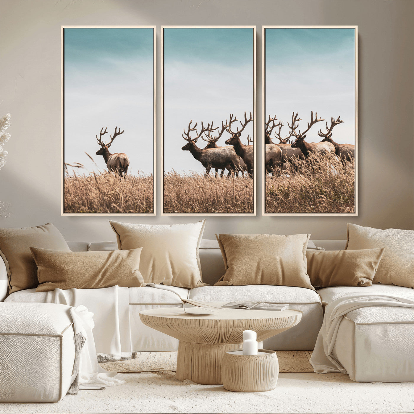 MGV-FC-48X32-3P - Elk Herd Wall Art Canvas Print, Framed Wildlife Photography Art Picture Print, Rustic Nature Print Perfect Rustic Wildlife Decor Artwork