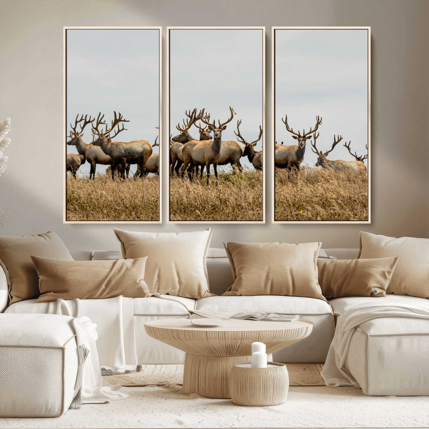 MGV-FC-48X32-3P - Elk Herd Wall Art Canvas Print, Framed Wildlife Photography Art Picture Print, Majestic Antlers Perfect Rustic Wildlife Decor Artwork
