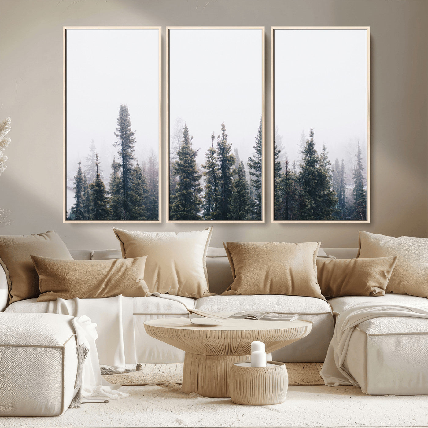 MGV-FC-48X32-3P - Foggy Forest Wall Art Canvas Print, Framed Misty Pines Art Picture Print, Moody Woodland Perfect Scandinavian Minimalist Decor Artwork