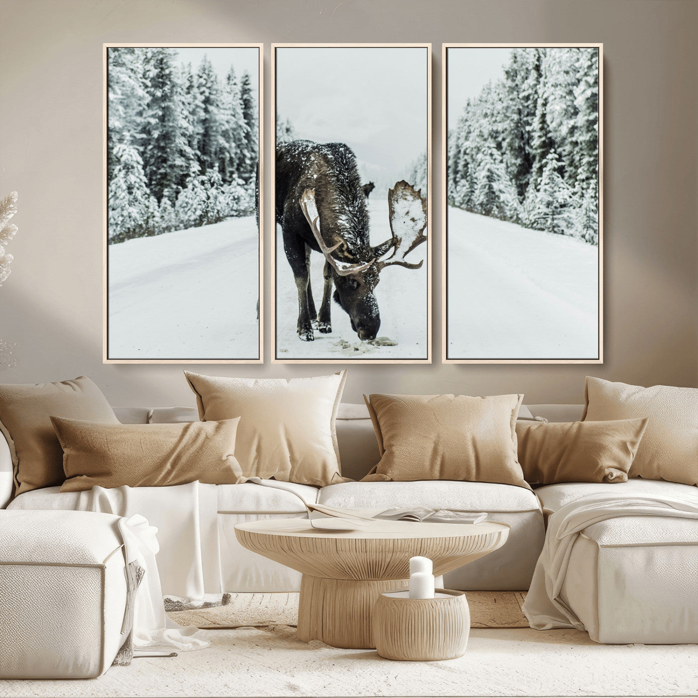 MGV-FC-48X32-3P - Moose in Snow Wall Art Canvas Print, Framed Winter Wildlife Art Picture Print, Snowy Forest Scene Perfect Rustic Lodge Decor Artwork