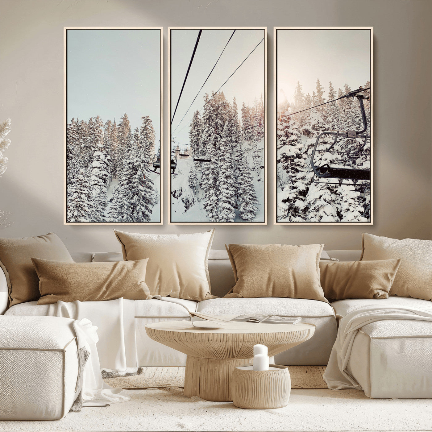 MGV-FC-48X32-3P - Frosty Pines Wall Art Canvas Print, Framed Cozy Cabin View Art Picture Print, Ski Lift Ride Perfect Rustic Lodge Decor Artwork