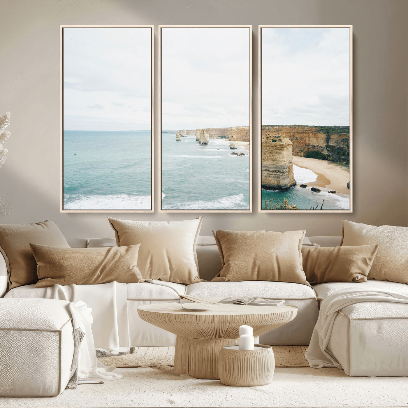 MGV-FC-48X32-3P - Twelve Apostles Wall Art Canvas Print, Framed Coastal Cliffs Art Picture Print, Rugged Rock Formations Perfect Minimalist Coastal Decor Artwork