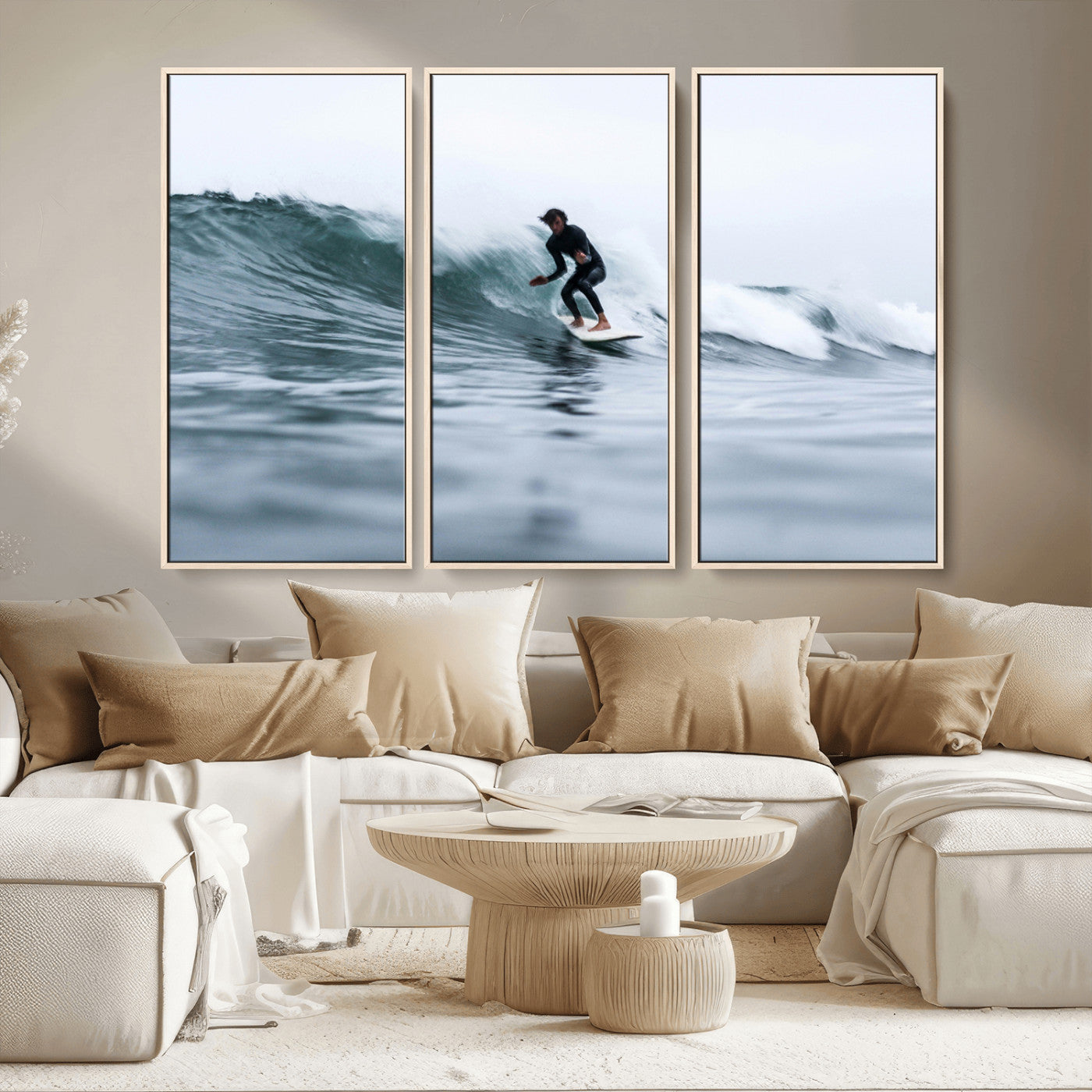 MGV-FC-48X32-3P - Surfer on Wave Wall Art Canvas Print, Framed Ocean Adventure Art Picture Print, Motion Blur Water Perfect Coastal Adventure Decor Artwork