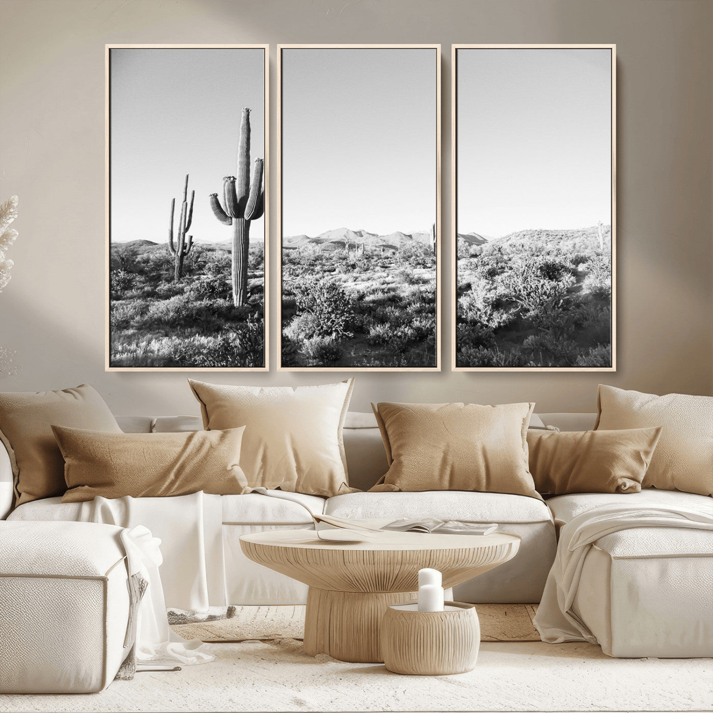 MGV-FC-48X32-3P - Saguaro Cactus Wall Art Canvas Print, Framed Monochrome Landscape Art Picture Print, Scenic Arizona View Perfect Minimalist Western Decor Artwork