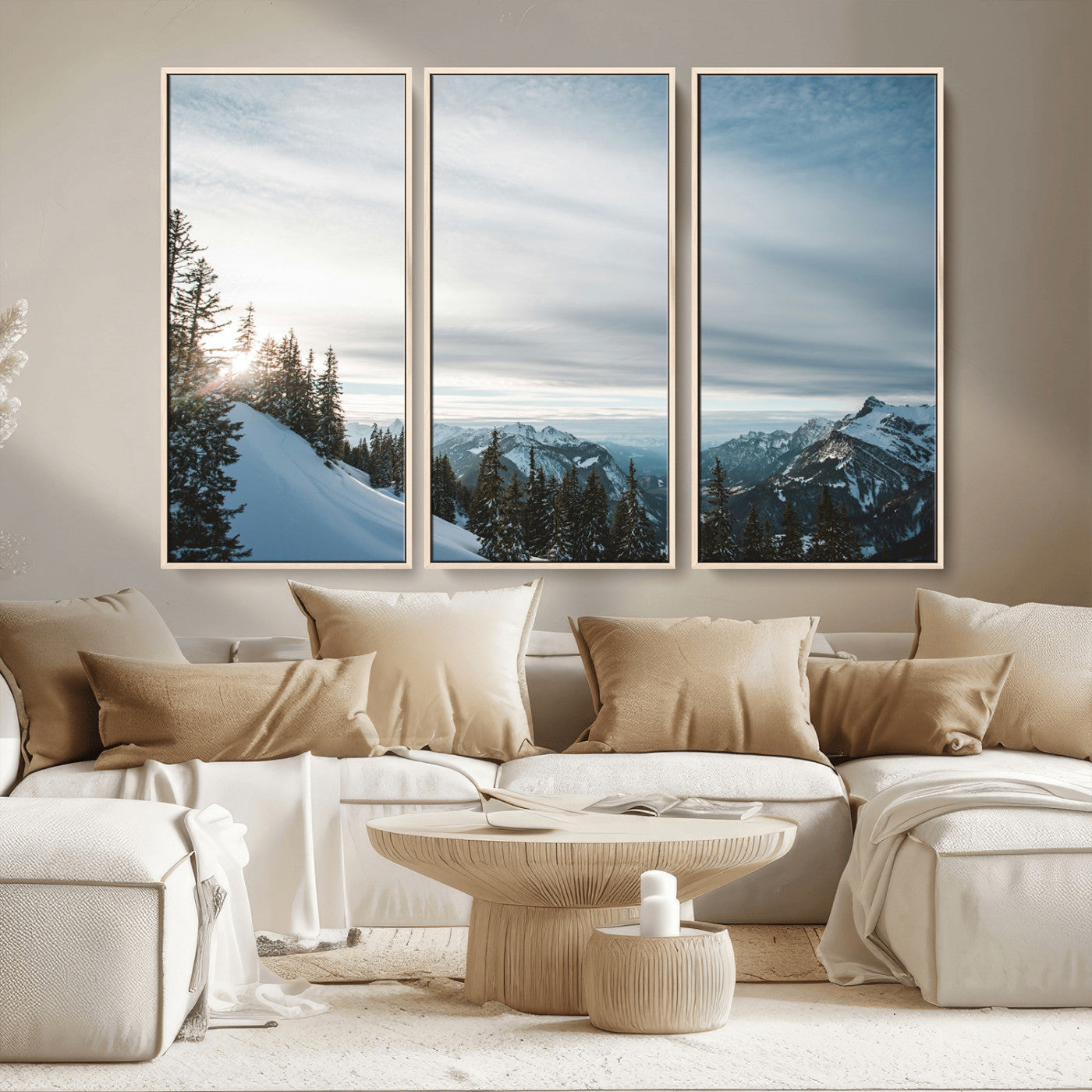 MGV-FC-48X32-3P - Snowy Mountains Wall Art Canvas Print, Framed Alpine Landscape Art Picture Print, Frosty Peaks Perfect Nordic Minimalist Decor Artwork