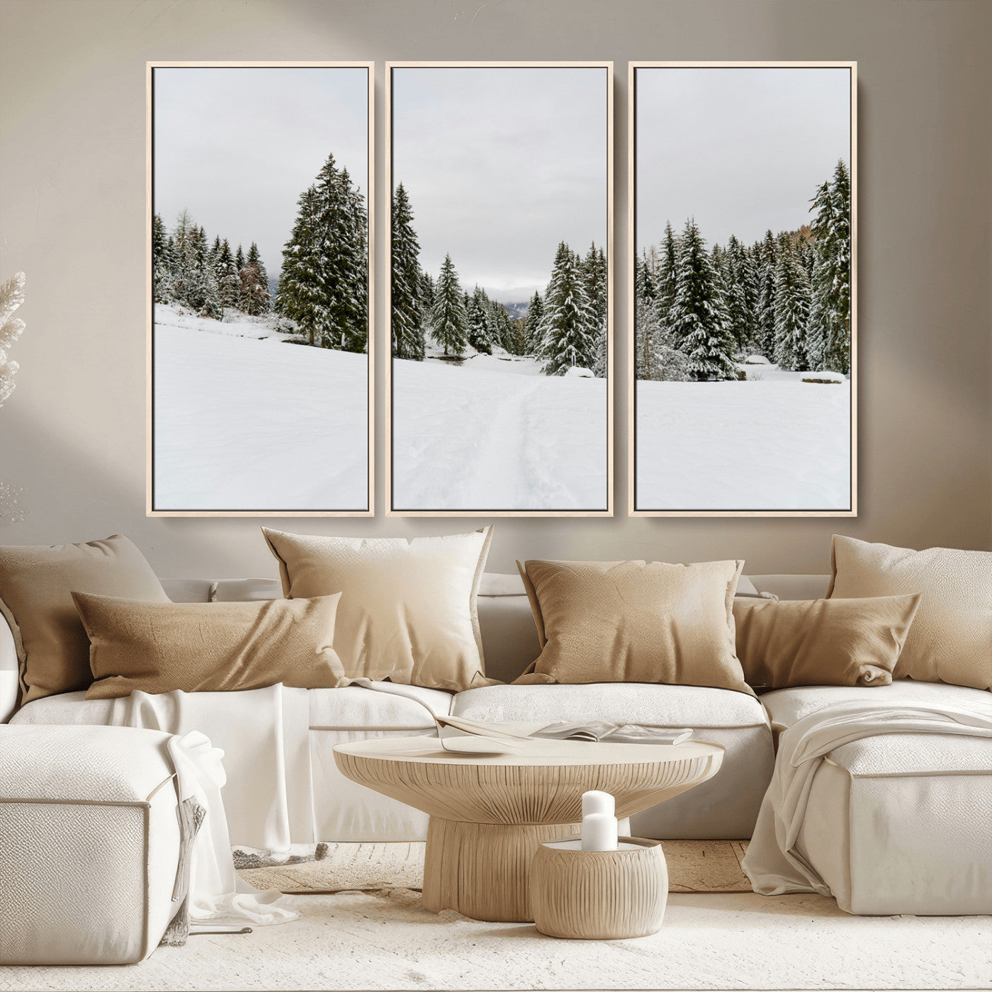 MGV-FC-48X32-3P - Frosty Pines Wall Art Canvas Print, Framed Silent Snowfall Art Picture Print, Cozy Cabin Vibes Perfect Nordic Minimalist Decor Artwork