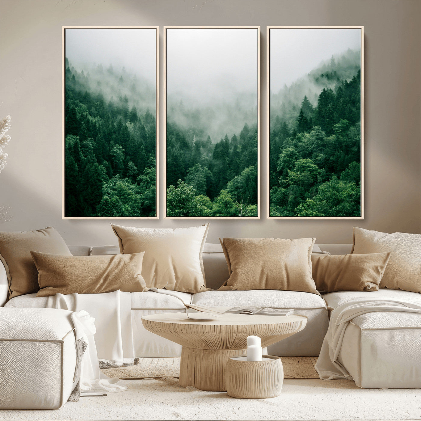 MGV-FC-48X32-3P - Misty Green Forest Canvas Print – Serene Foggy Pine Landscape Wall Art, Tranquil Nature Decor for