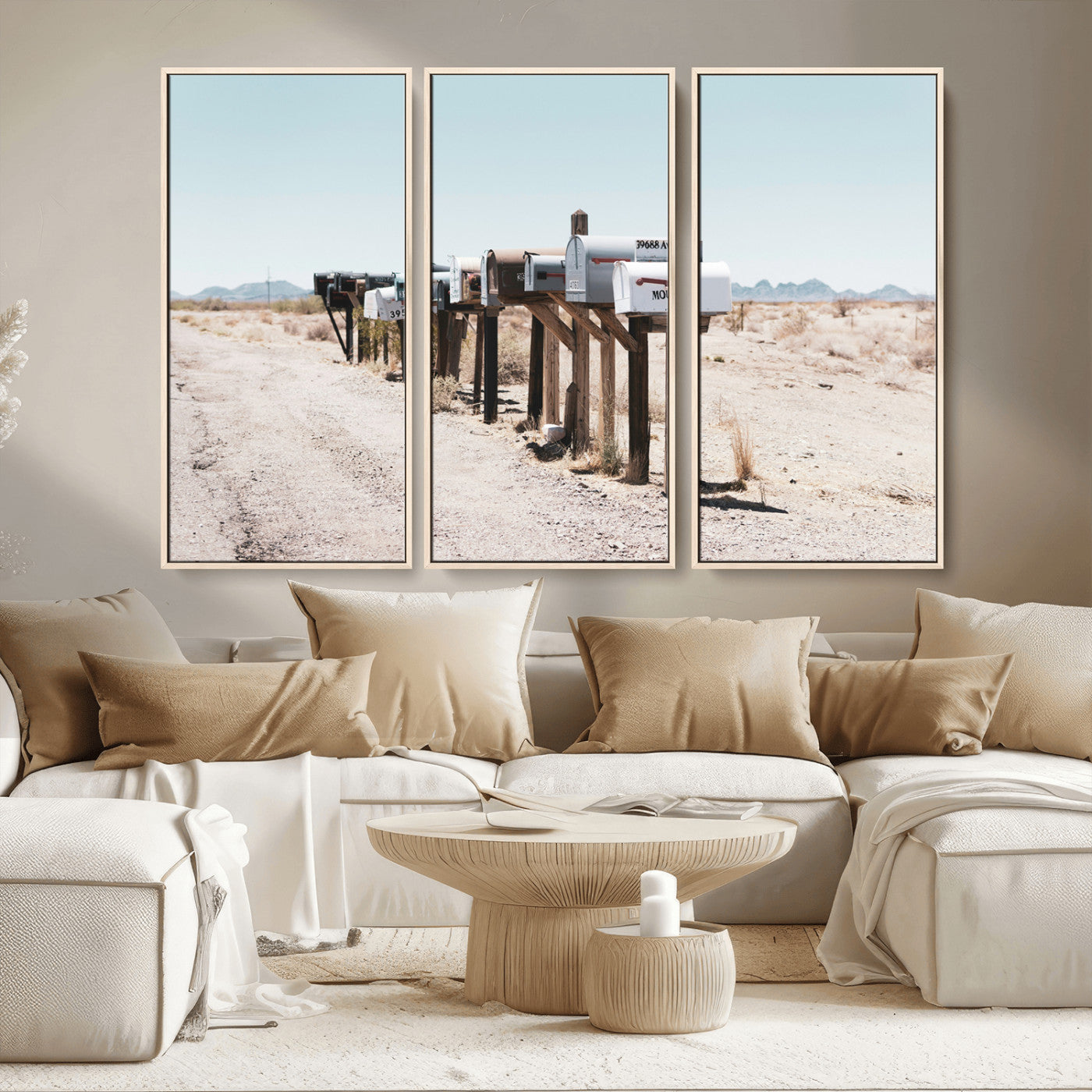 MGV-FC-48X32-3P - Desert Mailboxes Canvas Print – Minimal Western Landscape Photography, Rustic Americana Wall Art for