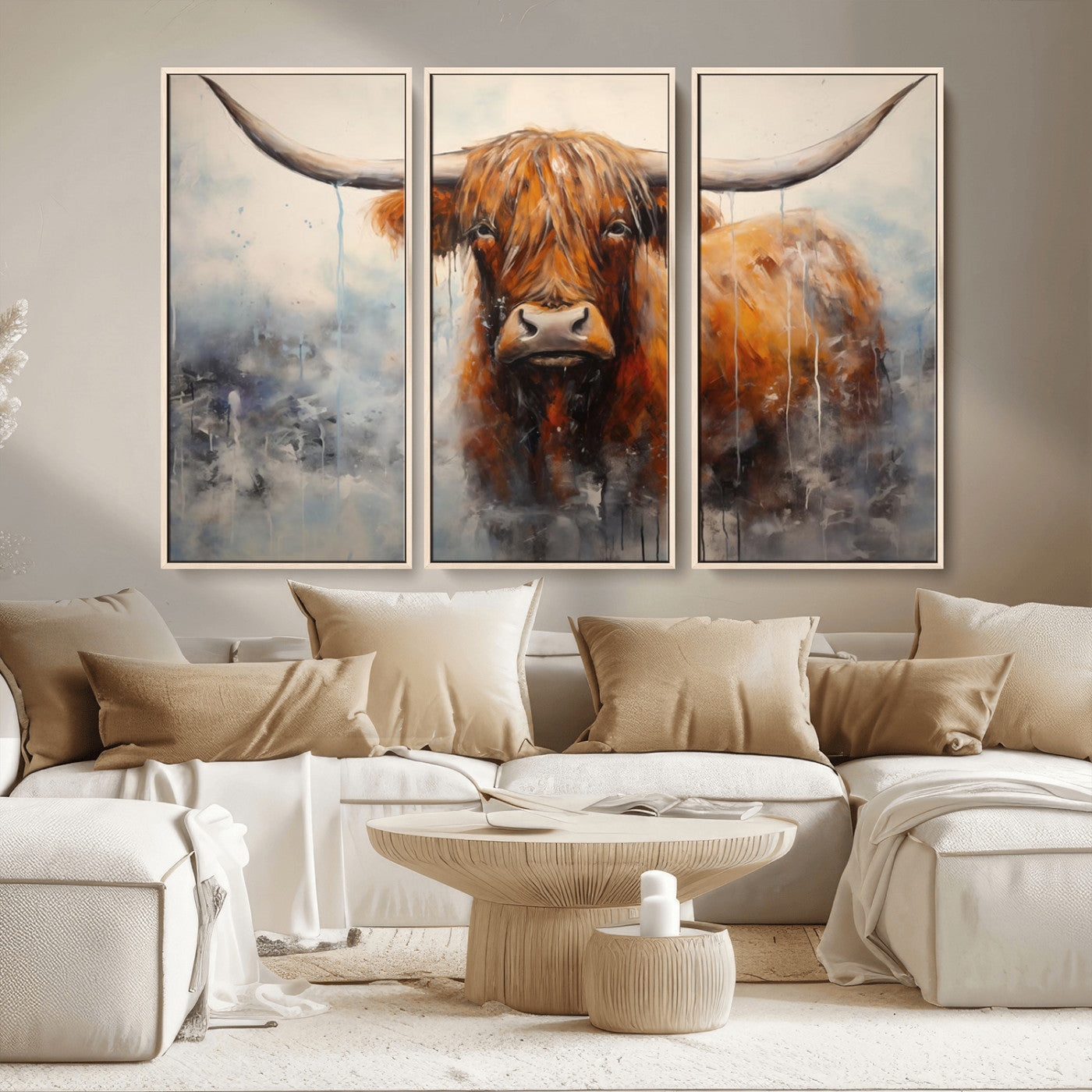 MGV-FC-48X32-3P - Scottish Highland Wall Art Canvas Print, Framed Longhorn Art Picture Print, Western Cow Perfect Farmhouse Decor Artwork