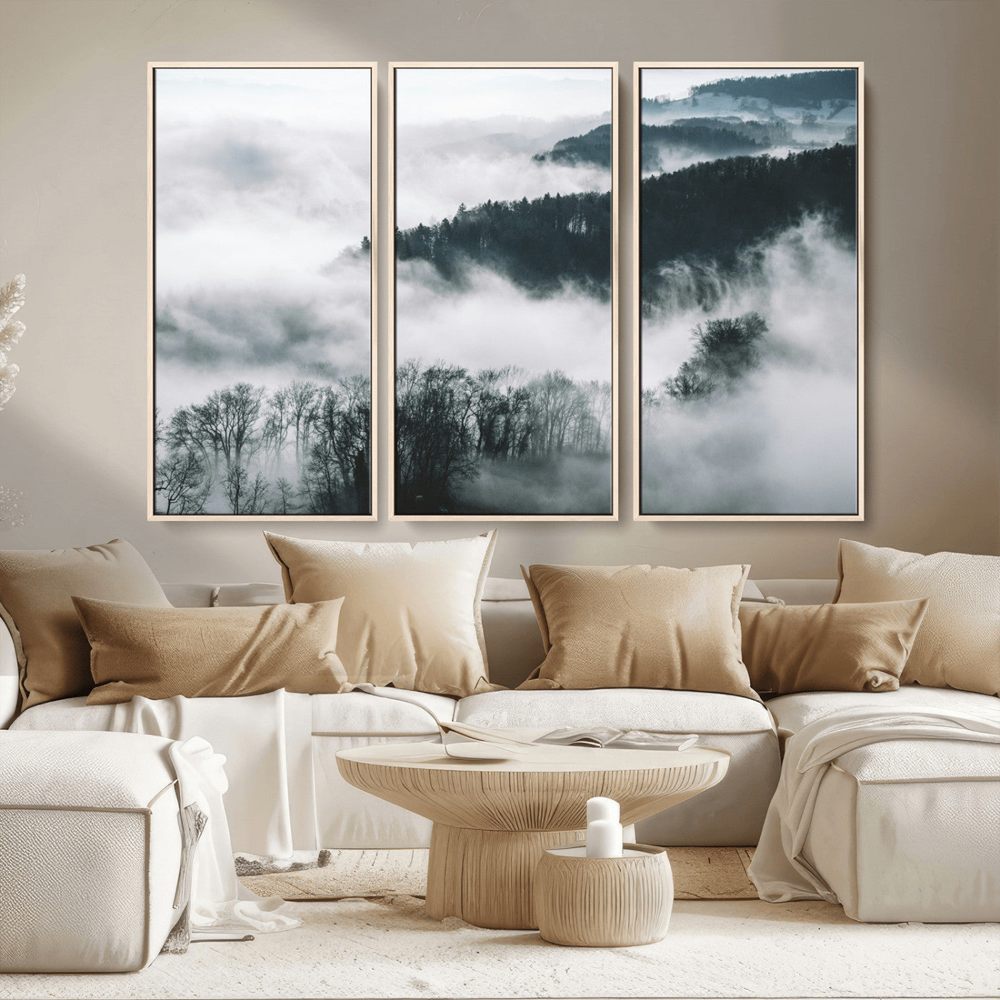 67569654-MGV-CV-36X24-Foggy Forest Landscape Wall Art Canvas Print – Misty Mountain Valley Scene in Monochrome Tones, Perfect for Minimalist or Nordic Home Decor