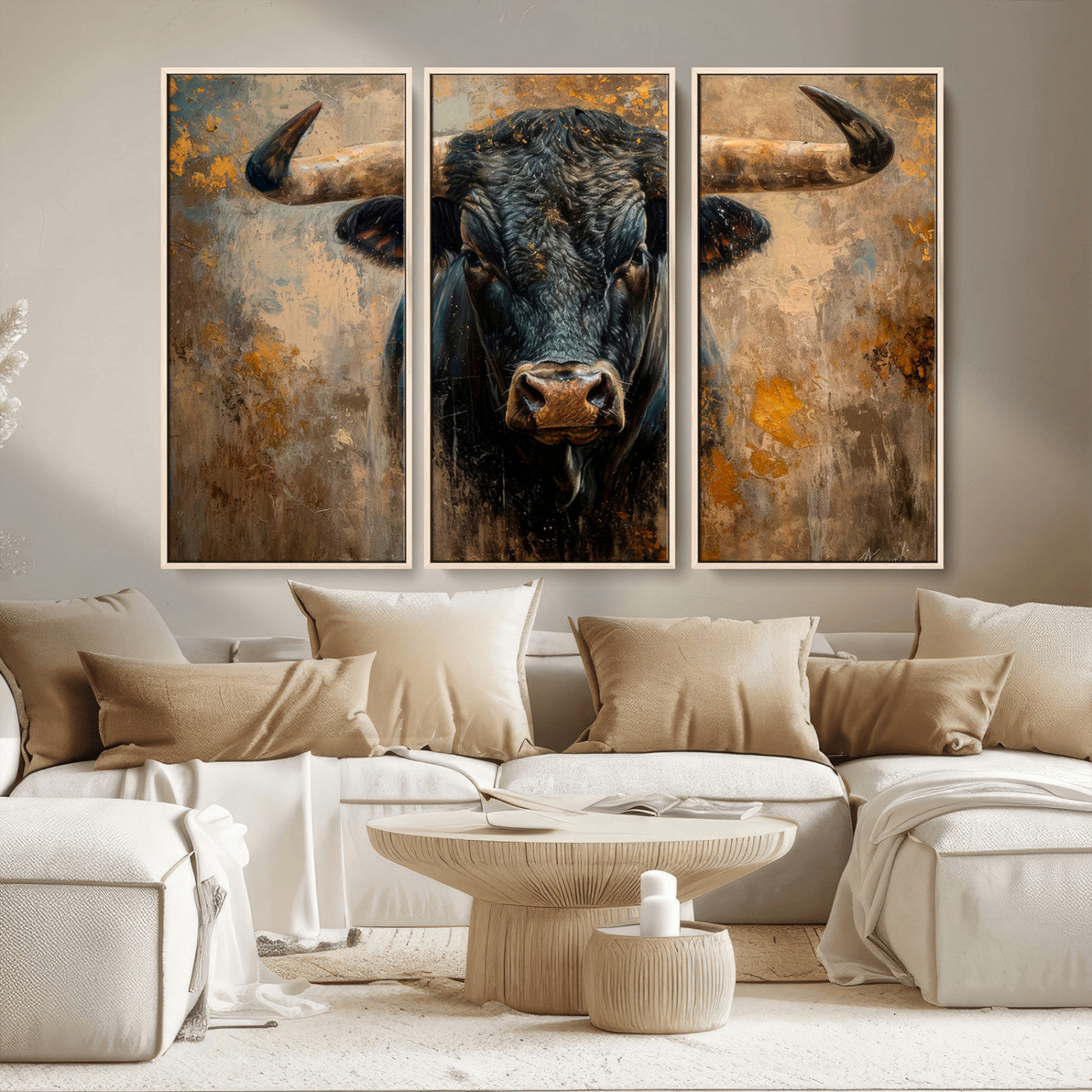 91615410-MGV-CV-36X24 - Abstract Texas Longhorn Bull Wall Art – Rustic Farmhouse Canvas Print, Western Cabin Style Decor, Large Animal Artwork for Living Room or Office