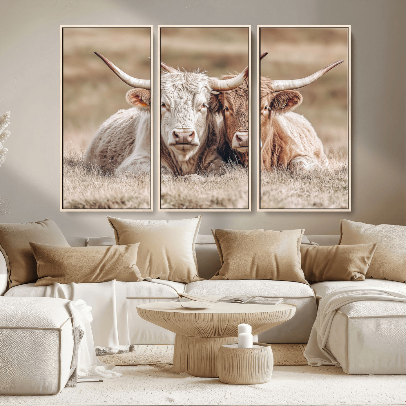 38651722-MGV-CV-36X24 - Highland Cows Meadow Canvas Wall Art – Peaceful Cow Photography Print, Rustic Farmhouse Animal Decor for Country Home, Living Room, Office