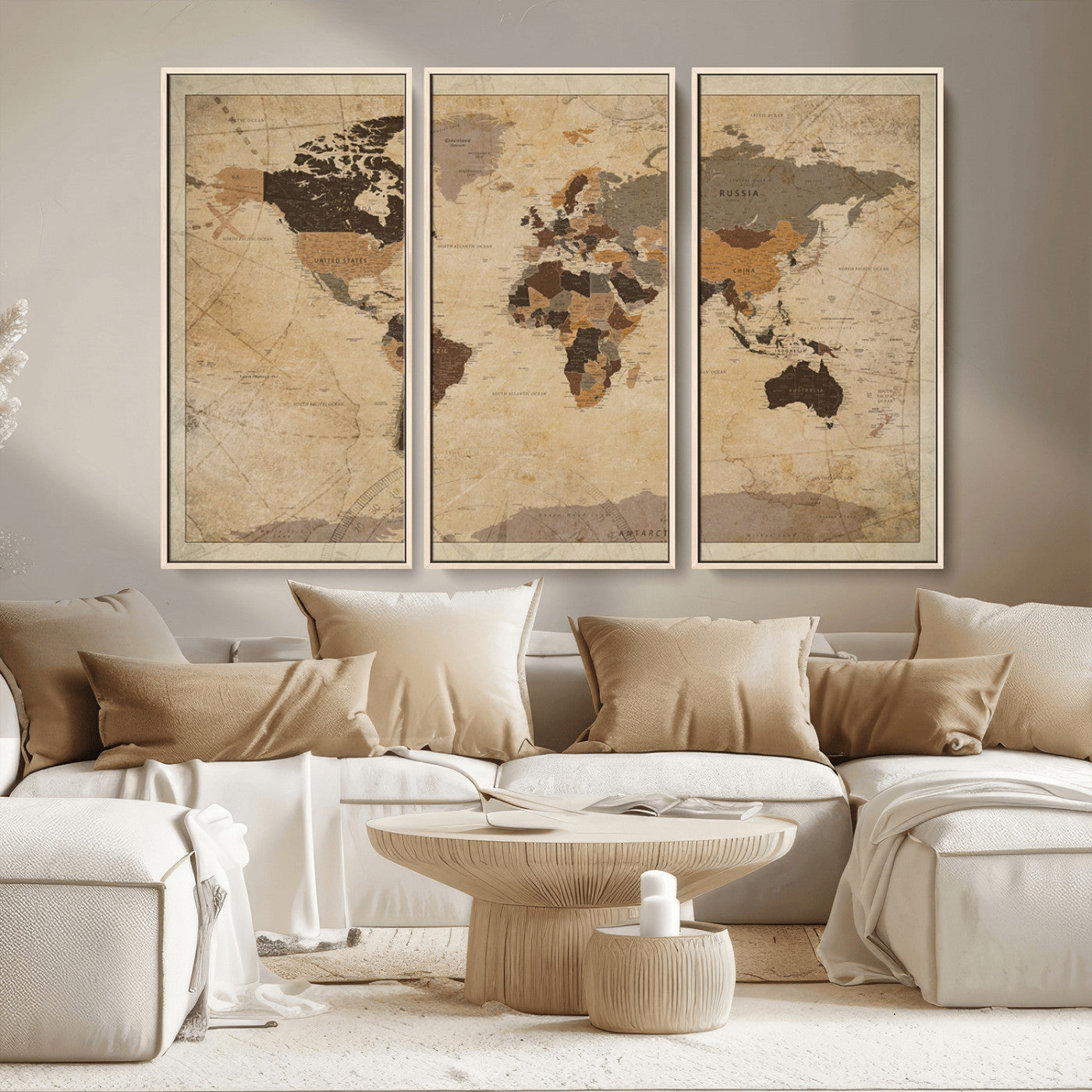 Vintage-style world map with muted brown, beige, and sepia tones, showing countries and continents with a weathered paper texture background.