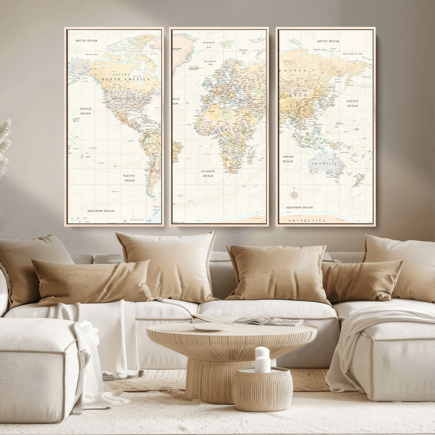 An antique-style world map showing continents, countries, and oceans with soft beige tones, detailed borders, and classic typography, enhanced by a subtle grid overlay and a vintage compass rose.