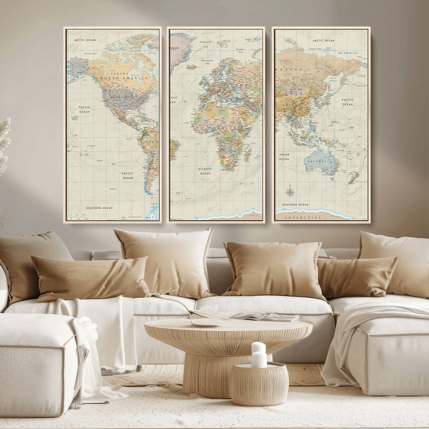 A detailed vintage-style political world map displaying continents, countries, and oceans with clear borders and labels, set on a beige textured background with grid lines.