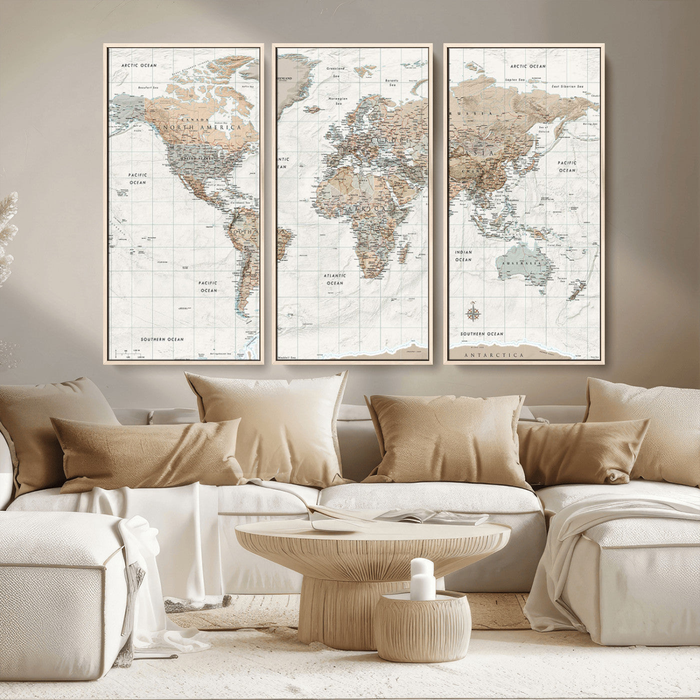 Vintage world map with detailed country borders and labels, featuring soft earthy tones of beige, brown, and gray on a textured parchment background, including oceans, continents, and major cities.