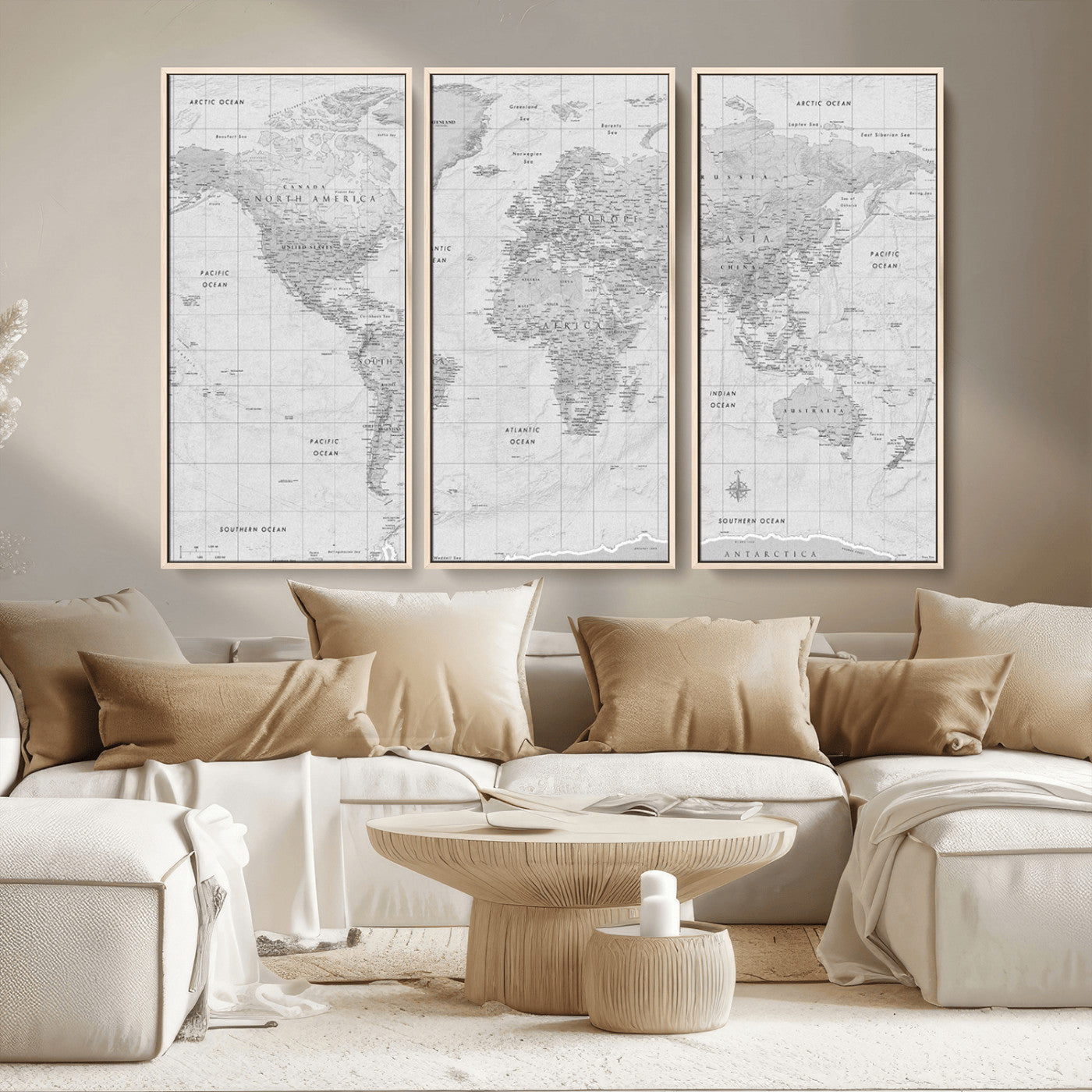 Grayscale vintage world map with detailed country borders, oceans, continents, and major cities on a textured parchment background.