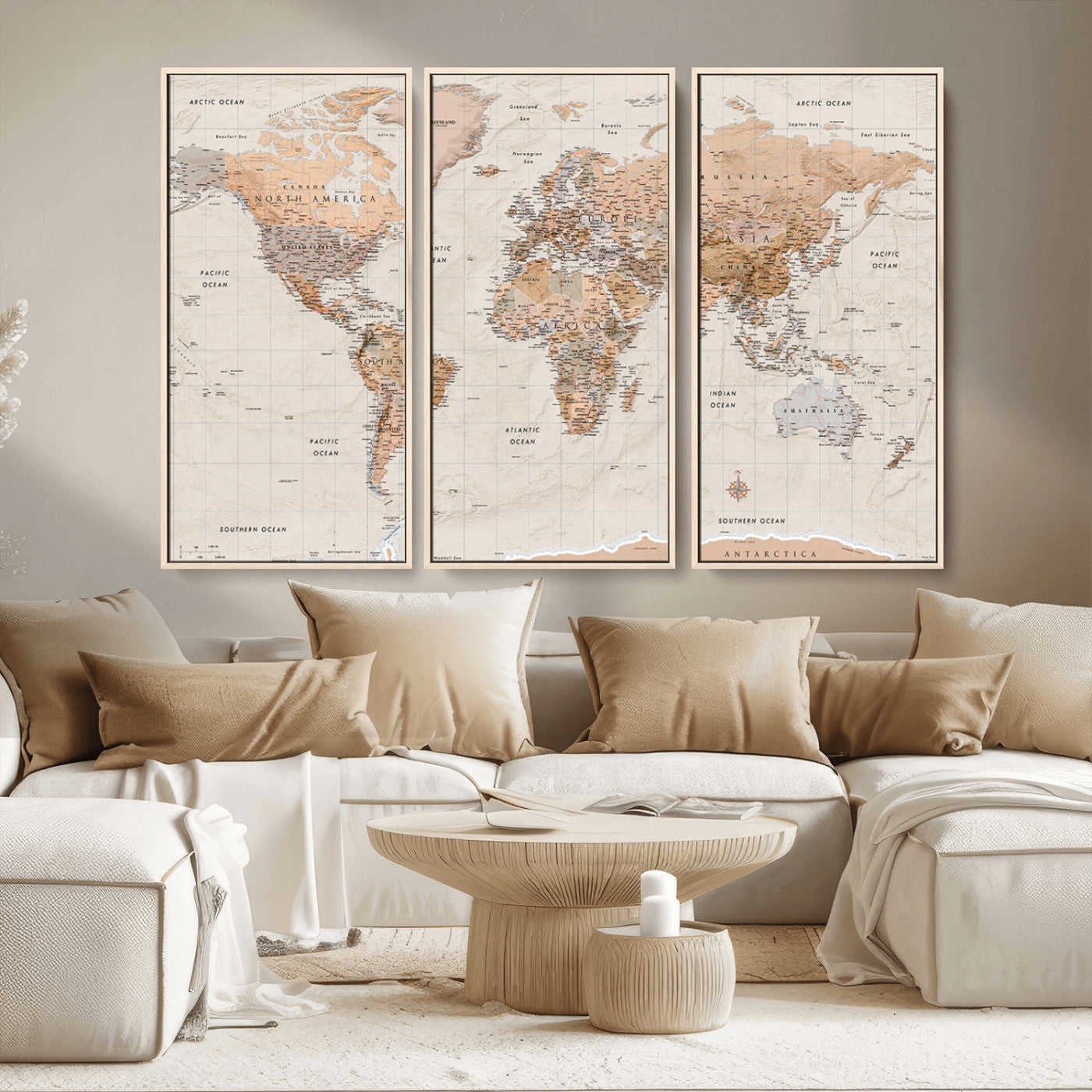 Detailed vintage world map with warm earth tones showing country borders, oceans, continents, and major cities, styled with a textured parchment background.