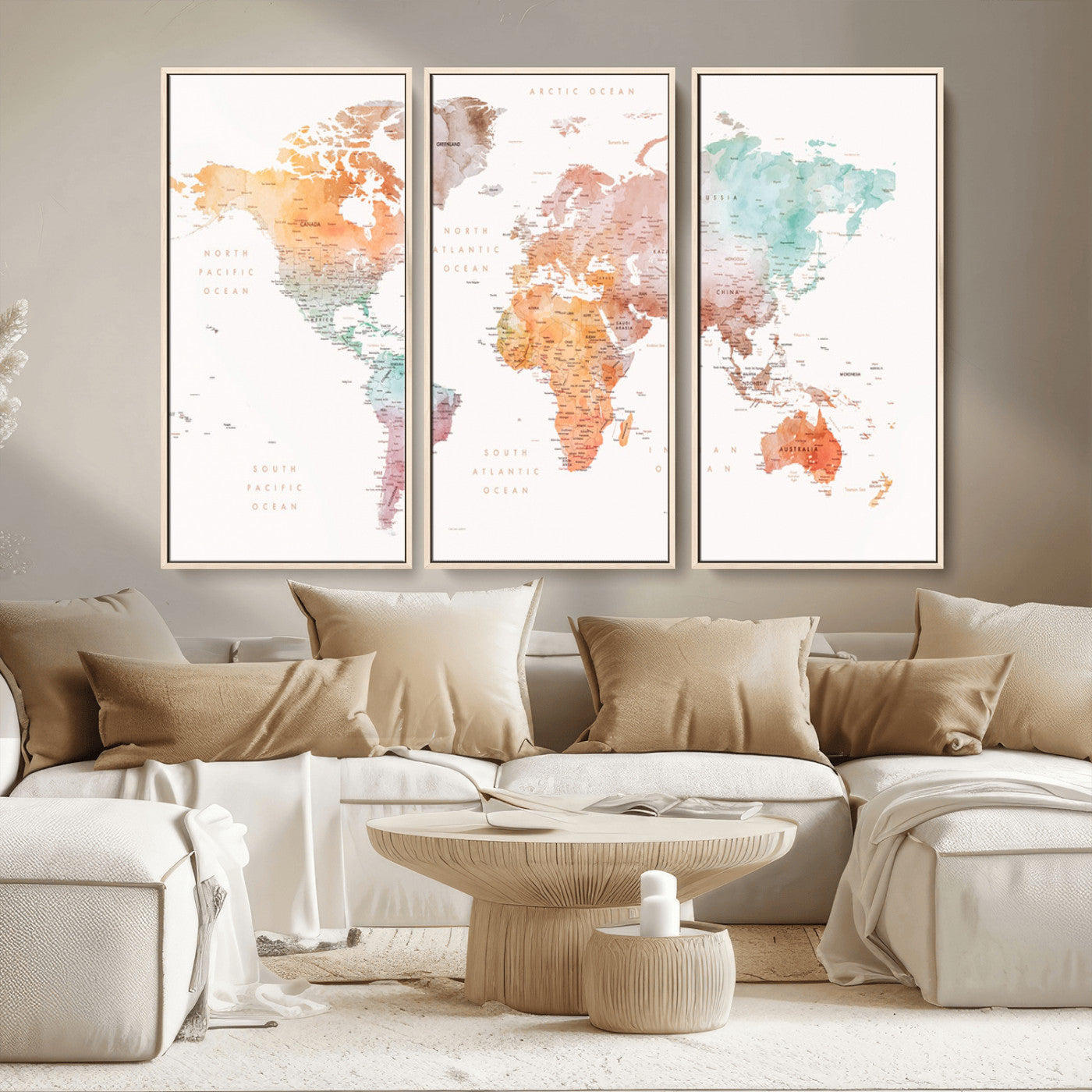 Watercolor world map featuring soft pastel hues in orange, green, blue, and purple on a light background, printed on canvas for vibrant and artistic wall decor.