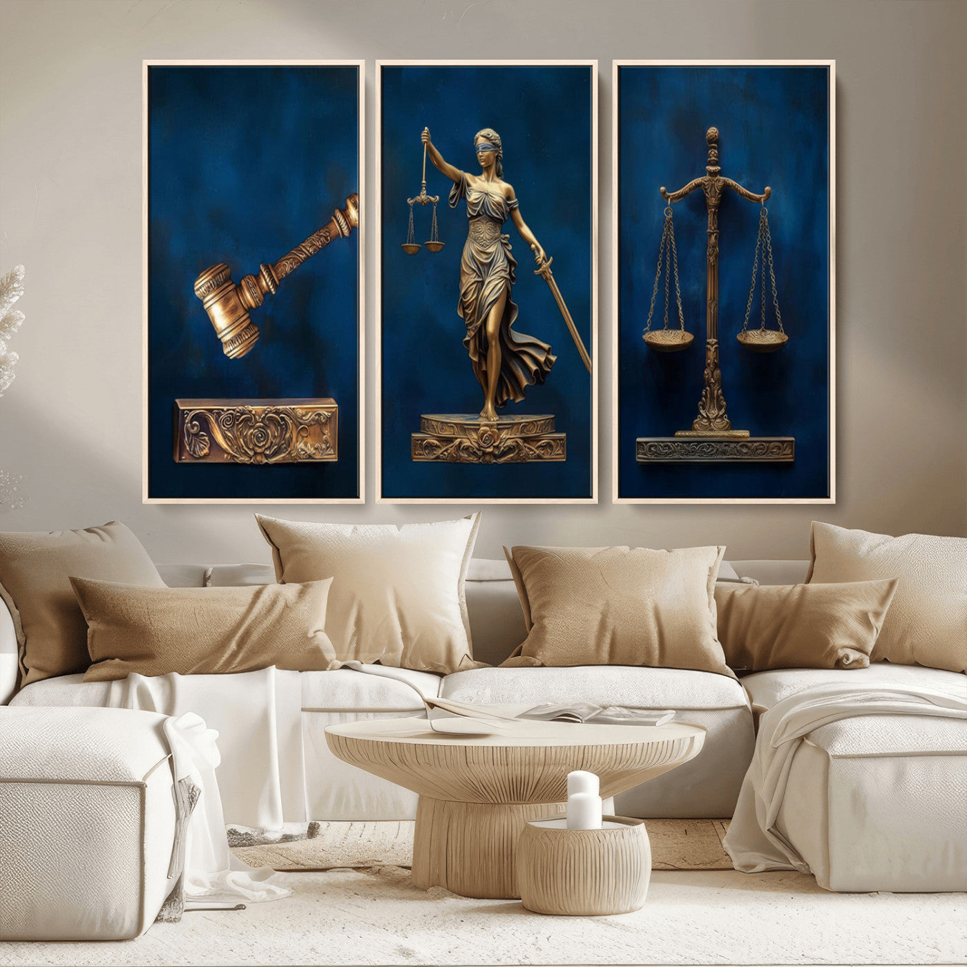 MGV-FC-48X32-3P - Lady Justice Wall Art Canvas Print – Elegant Gold Legal Symbols on Blue Background, Perfect for Law