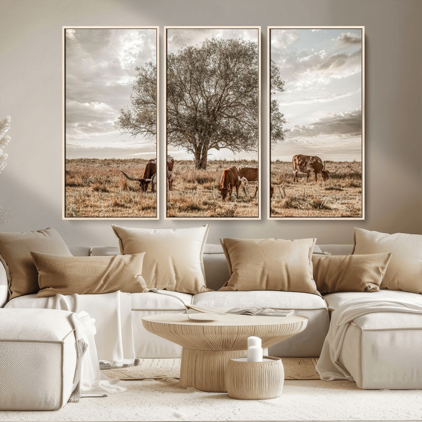 Texas Longhorn Cattle Wall Art Canvas Print – Rustic Western Ranch Scene with Steers at Sunset, Perfect for Farmhouse or Cowboy Decor
