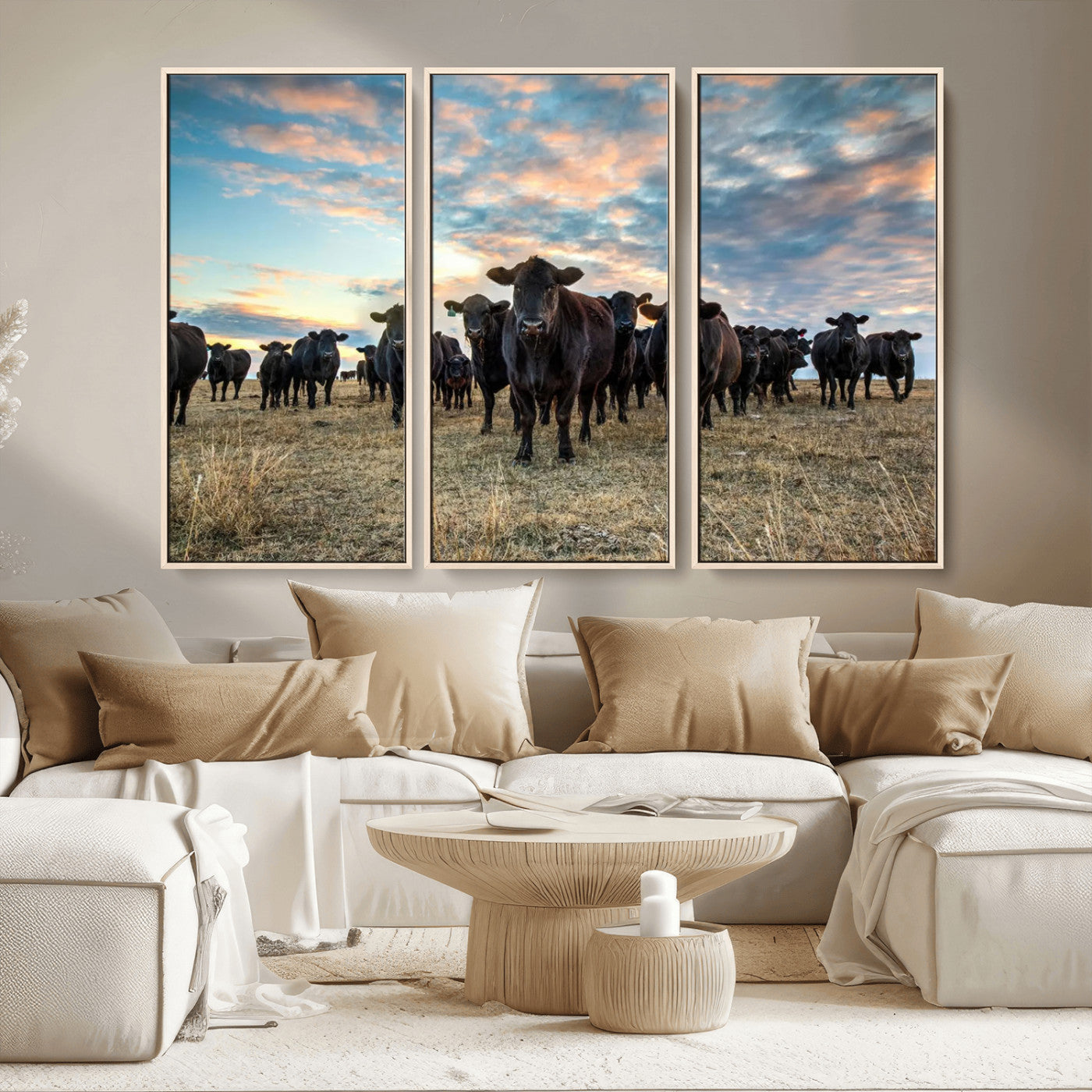 13867292-MGV-CV-36X24-Texas Longhorn Cattle Wall Art Canvas Print – Rustic Western Ranch Scene with Steers at Sunset, Perfect for Farmhouse or Cowboy Decor