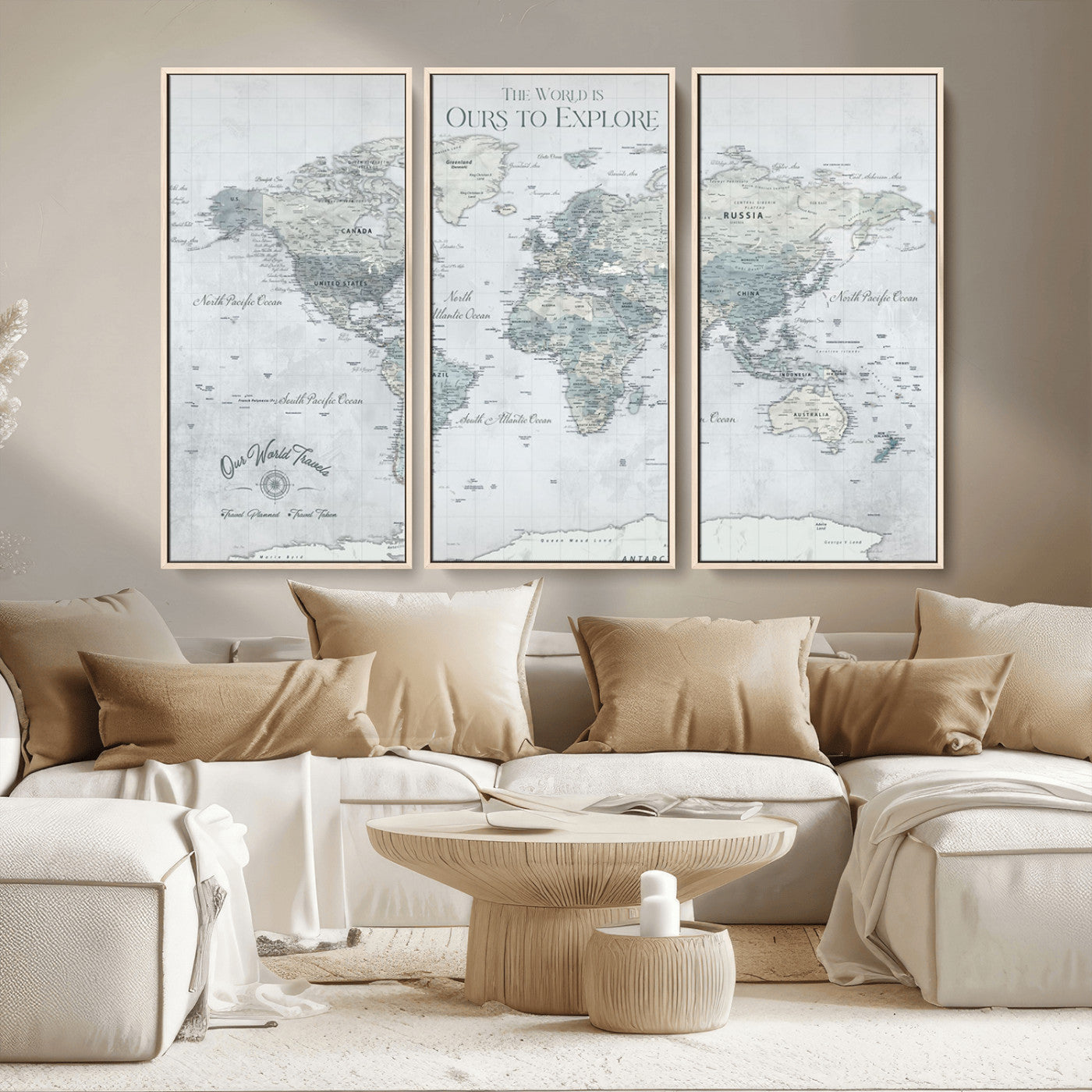 73654056-MGV-FC-48X32-3P - Personalized Push Pin World Map Canvas Print – Custom Framed Travel Tracker Artwork for Couples or Home Decor