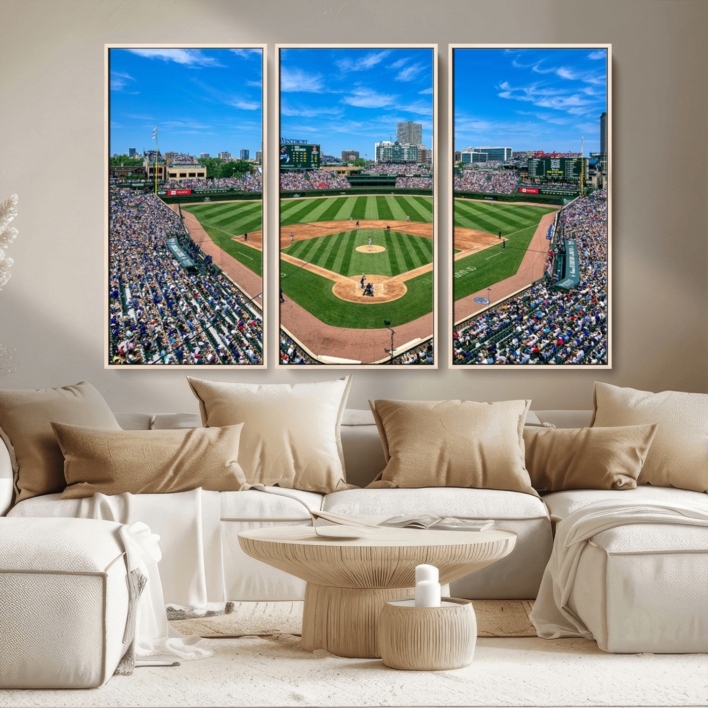 35800083-MGV-FC-48X32-3P - Wrigley Field Baseball Stadium Canvas Wall Art – Packed Crowd Sports Stadium City Skyline Artwork for Home Office