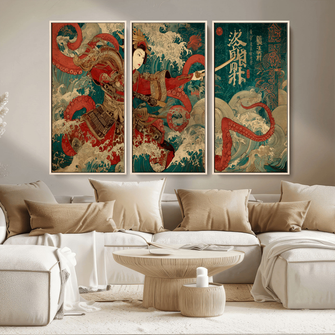 MGV-FC-48X32-3P - Tsukioka Yoshitoshi Samurai Wall Art Print, Japanese Katana Warrior Canvas Wall Art, Octopus Sea Monster Canvas Print,
