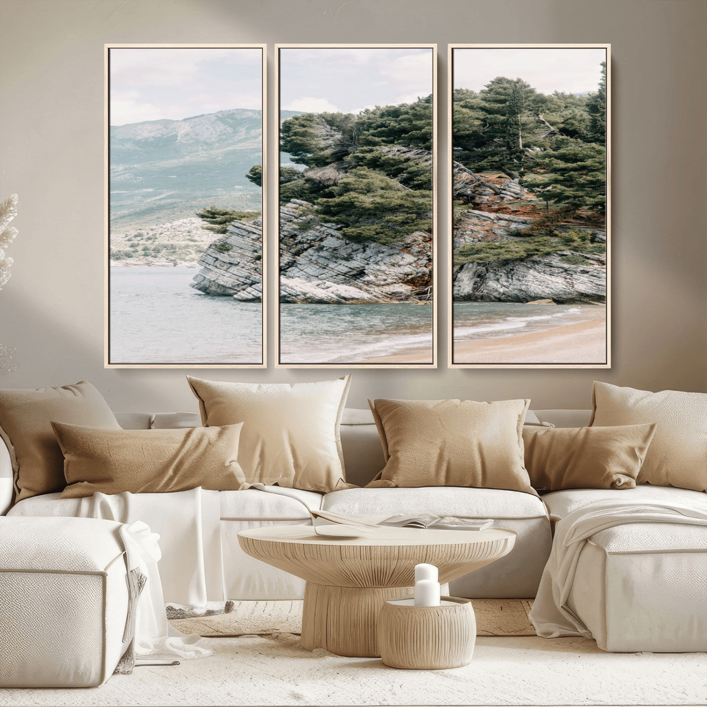 MGV-FC-48X32-3P - Coastal Rock Canvas Wall Art Print, Scenic Beach Landscape, Pine Trees on Rocky Cliff, Large Nature
