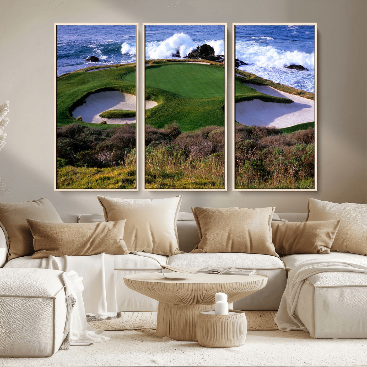 22776914-MGV-CV-36X24-Ocean Cliff Golf Green Canvas Print – Framed Majestic Coastal Scene with Lush Green Artwork for Home, Office