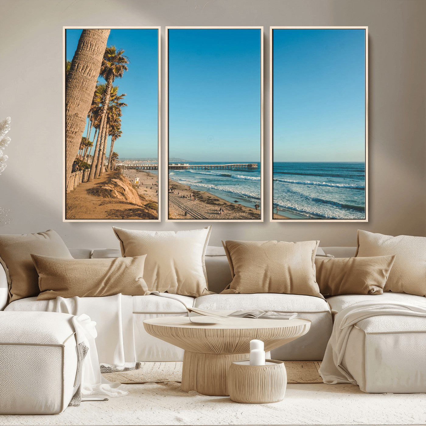 MGV-FC-48X32-3P - Scenic Beach with Tall Palm Trees, Sandy Shore, and Long Pier Stretching into the Calm Ocean Under