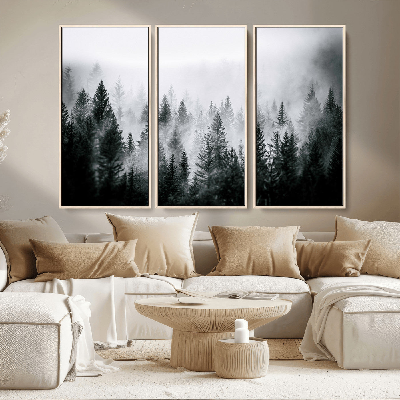 MGV-FC-48X32-3P - Foggy Pine Forest Canvas Wall Art – Black and White Nature Landscape Print, Horizontal Canvas for