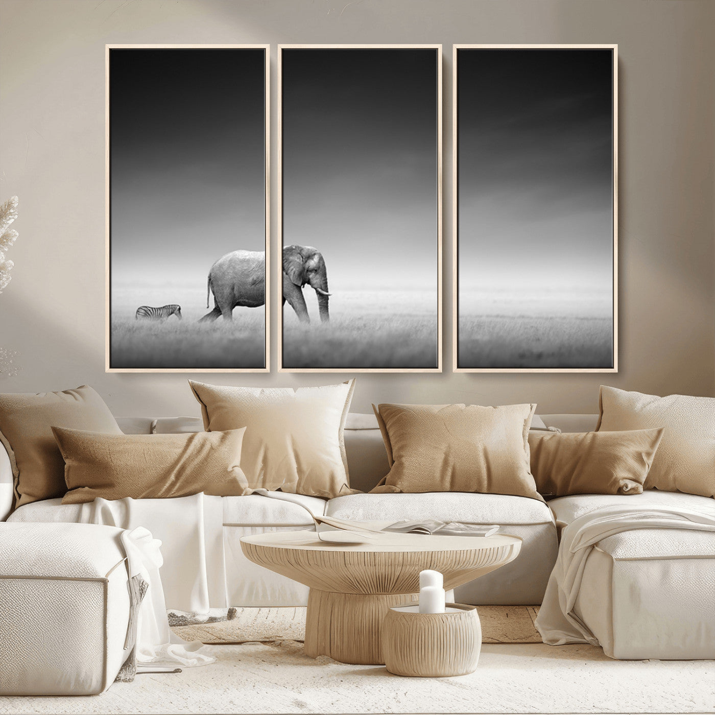 MGV-FC-48X32-3P - Elephand and Zebra Wall Art Canvas Print, Modern Artwork