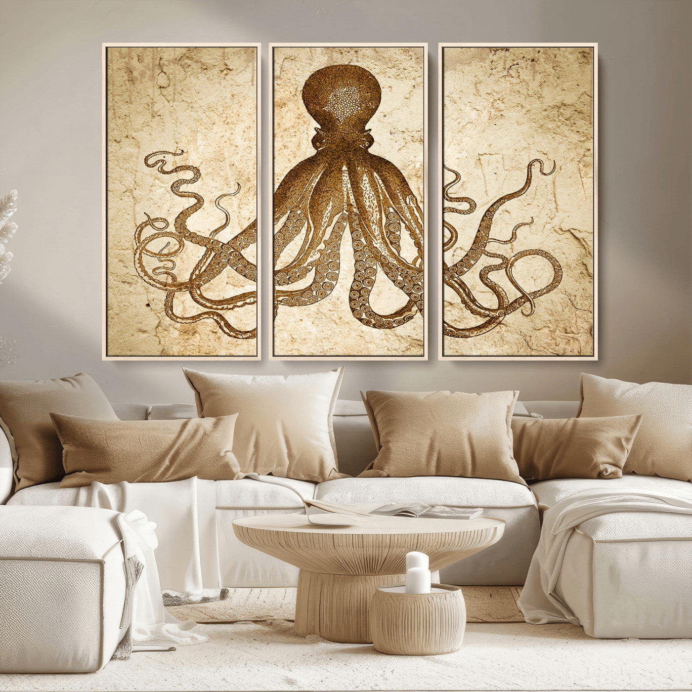 MGV-FC-48X32-3P - Sepia Octopus Wall Art Abstract Animal Canvas Print