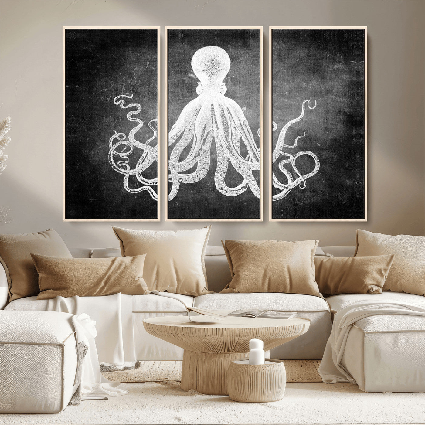 MGV-FC-48X32-3P - Black White Octopus Wall Art Canvas Print