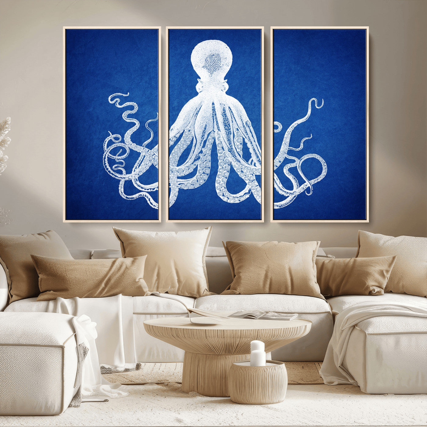 MGV-FC-48X32-3P - Large 3-Panel Blue Octopus Canvas Wall Art | Coastal Marine Life Artwork for Living Room, Bedroom,